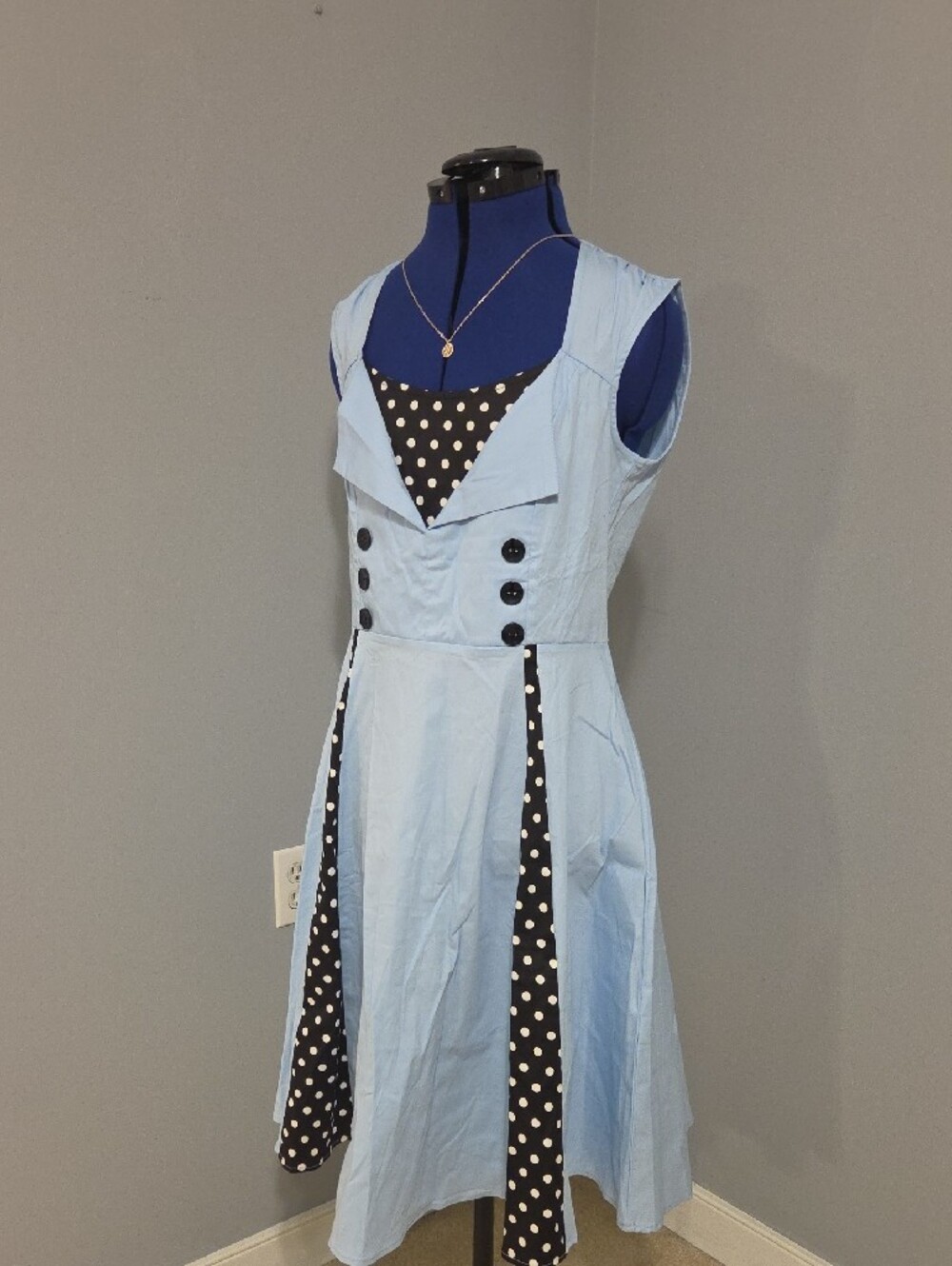 Light Blue Sleeveless Midi Dress with Black Polka Dot Insets - Picture 6 of 6